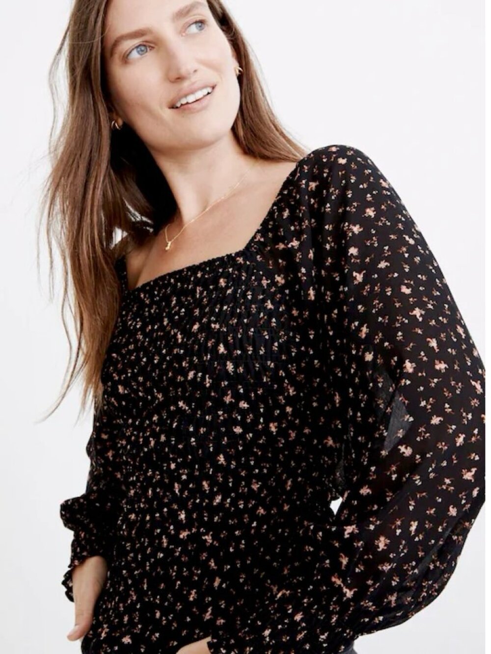 Madewell Georgette Lucie Bubble-Sleeve Smocked Top